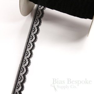3/4" Wide Black Stretch Scallop Lace Trim, Made in France, Sold by the Yard