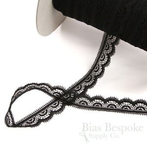 3/4" Wide Black Stretch Scallop Lace Trim, Made in France, Sold by the Yard