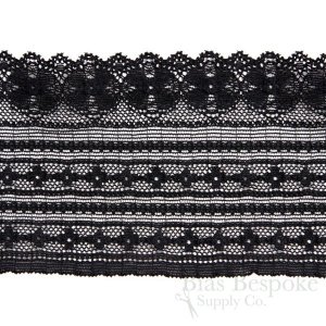 3 1/4" Wide Geometric Floral Black Stretch Lace Trim, Made in France