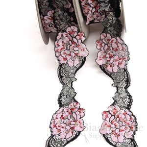 3" Wide Pink Roses Stretch Leavers Lace, Made in France