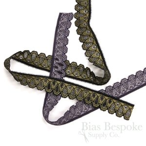 Divine Narrow Stretch Lace Trim in Purple and Marigold, Made in France