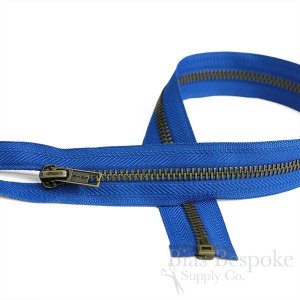 28" Length #5 Open End Zippers with Antique Brass Teeth, Bias Bespoke Brand