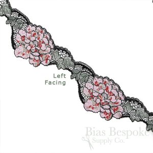 3" Wide Pink Roses Stretch Leavers Lace, Made in France